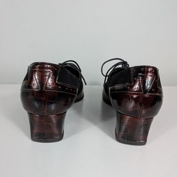 Y2K Leather Heels Lace Up Loafers 9.5 Black Brown Wingtip Suede Square Academia - Picture 5 of 11